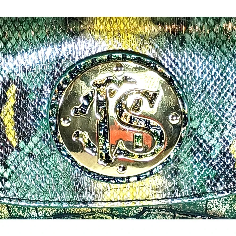 Vintage Sharif Metallic Green Gold Reptile Embossed Crossbody Flap Bag Y2K EUC